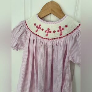 Smock Monkey Pink Striped Smocked Embroidered Dress With Cross Religious Size 5